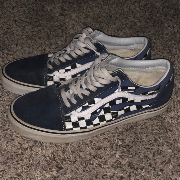 Vans Old Skool Checkerboard Navy and White Flames - Picture 1 of 3